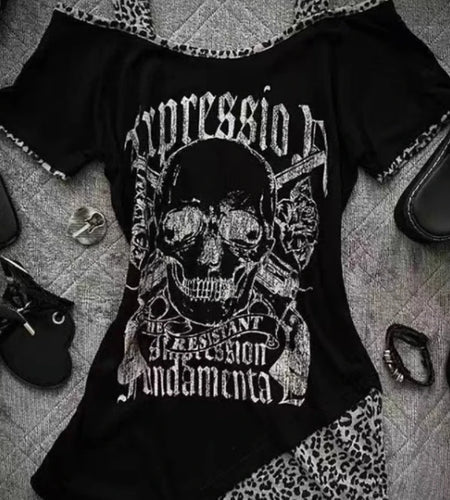 Woman T Shirts 204 Ropa Mujer Short Sleeve Patchwork Leopard Print Summer Tees Chic Skull Y2k Tops Off Shoulder Sexy Y2k T-shirt