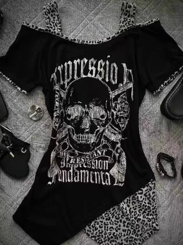 Woman T Shirts 204 Ropa Mujer Short Sleeve Patchwork Leopard Print Summer Tees Chic Skull Y2k Tops Off Shoulder Sexy Y2k T-shirt