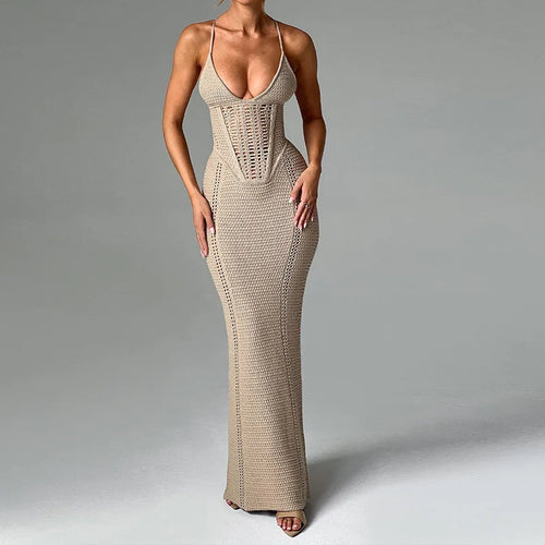 Load image into Gallery viewer, Hollow Out Backless Knit Dress For Women Spaghetti Strap Bandage Sleeveless Bodycon Club Party Sexy Long Dress Elegant
