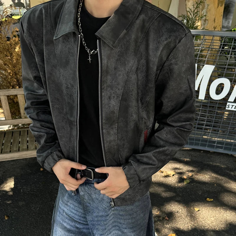 High Street Men's PU Leather Jackets Turn-down Collar Zipper Explosion Crack Design Loose Contrast Color Male Coats 9C9076