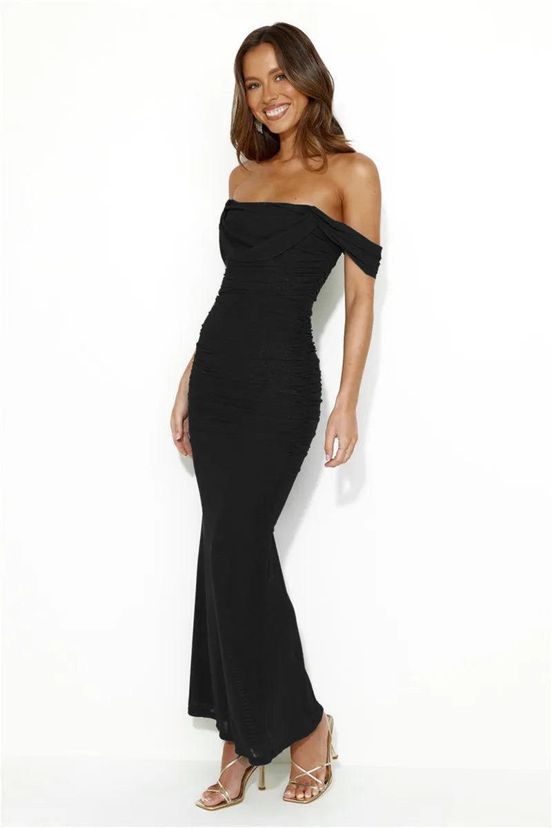 Elegant Off-shoulder Bodycon Maxi Dress Women Two Layer Mesh Fashion Strapless Backless Night Club Party Sexy Dress
