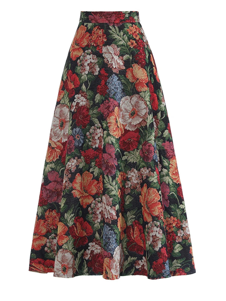 High Waist Flower Jacquard Vintage Elegant A-line Midi Half-body Skirt Women Fashion Tide New Spring Autumn 2025 1DH9408