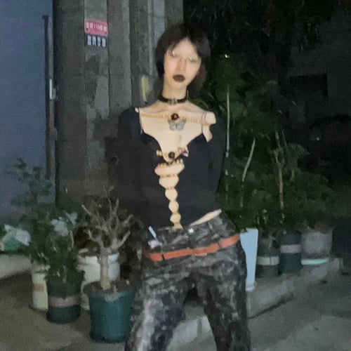 Load image into Gallery viewer, Japanese Y2k Hollow Out Tops Vintage Harajuku Beaded T Shirt 2000s Aesthetics Long Sleeve Slim T-shirts American Retro
