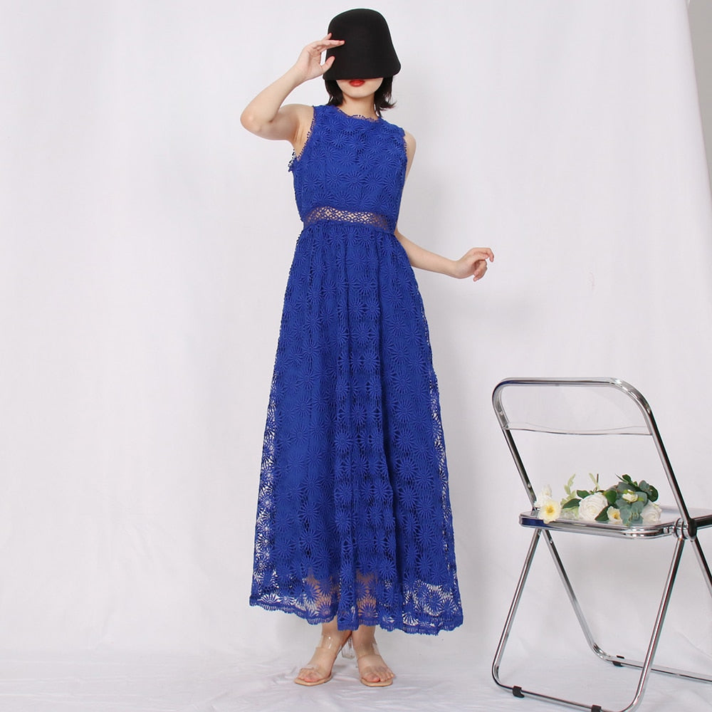 Vintage Embroidery Long Dress For Women Round Neck Sleeveless High Waist Cut Out Solid Midi Dresses Female Summer