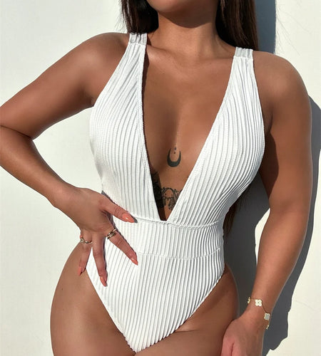Halter One Piece Swimsuit 2024 Deep V Swimwear for Women Sexy High Cut Bathing Suit High Waist Monokini