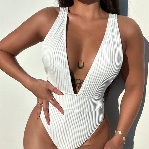 Load image into Gallery viewer, Halter One Piece Swimsuit 2024 Deep V Swimwear for Women Sexy High Cut Bathing Suit High Waist Monokini
