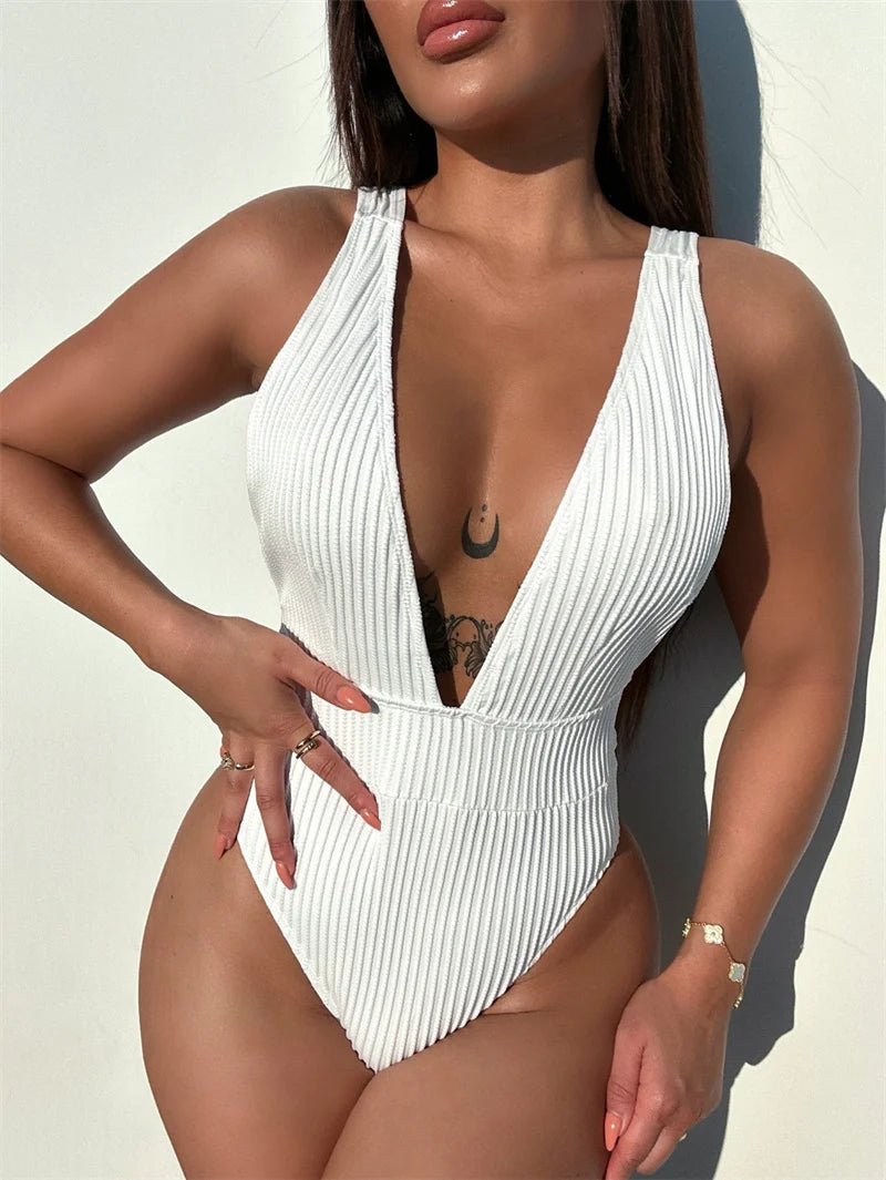 Halter One Piece Swimsuit 2024 Deep V Swimwear for Women Sexy High Cut Bathing Suit High Waist Monokini