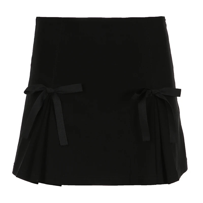 Fashion Chic Satin High Waist Mini Skirt Women Bow A-Line Solid Slim Dark Academia Summer Skirts Gothic Preppy Style