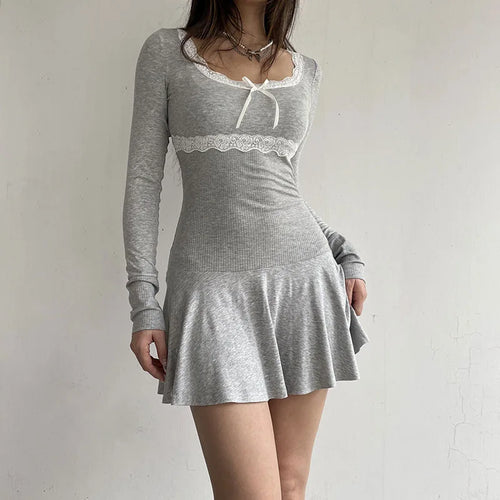 Load image into Gallery viewer, Casual Knit Sweet Bow Autumn Dress Basic Lace Patchwork Korean Coquette Clothes Square Neck A-Line Dress Women Retro
