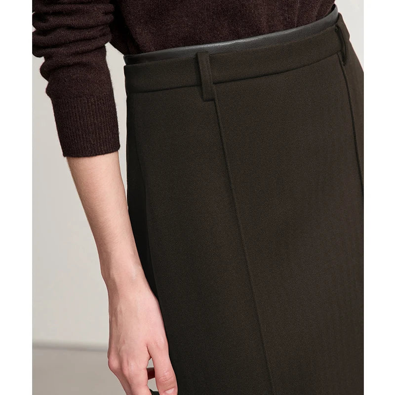 Minimalist Skirts For Women 2025 Winter New Straight Solid Knit Midi Skirt Patchwork Leather Casual Woman Clothes 12524092