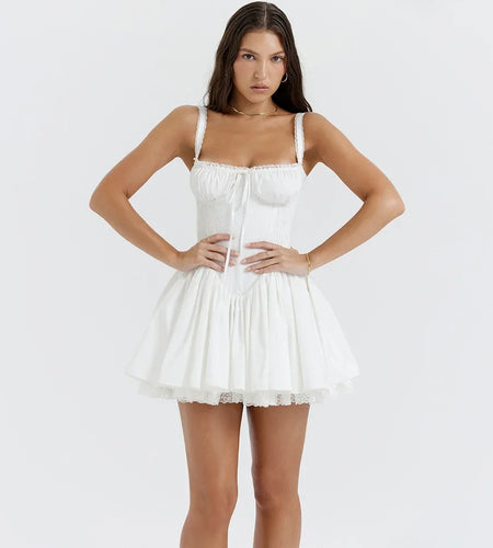 Summer Spaghetti Strap Dresses For Women 2023 Sexy  A Line White Dress Mini Lace up Holiday Party Dress High Quality