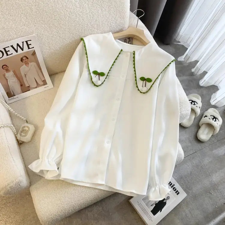 2024 Autumn Winter Women Beige Patchwork Shirt White Long Sleeve Cute Doll Collar Blouse Female Versatile Preppy Style Tops Chic