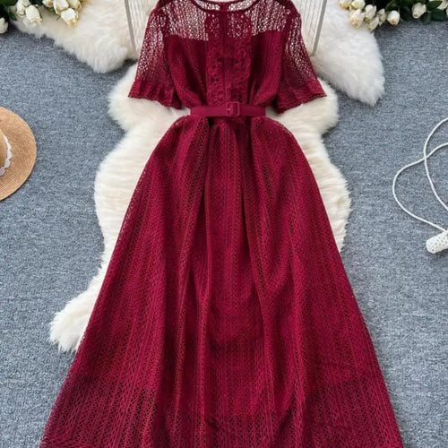 Load image into Gallery viewer, Summer French Retro Solid Round Neck Short Sleeved Hollow Out Lace Dress For Women Slim Elegant High Waist Party Evening Dresses
