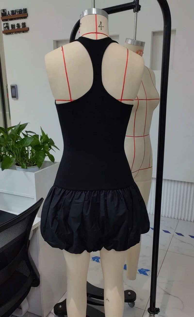 Black Sleeveless Puffy Dress For Women Fashion Round Neck High Waist Backless A-line Loose Sexy Dress Clothes