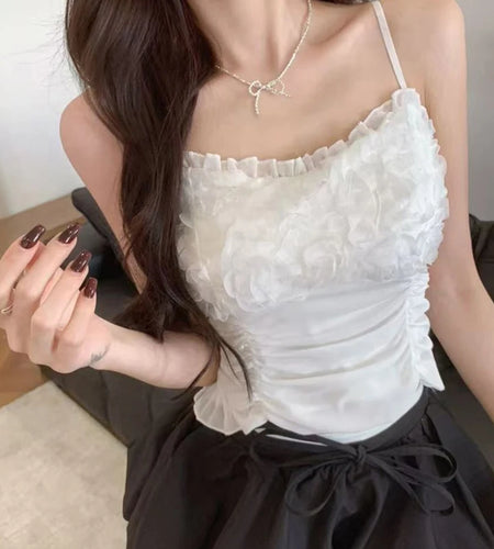 y2k Camisole Women Clothes 3D Flower Frill Trim Scoop Neck Spaghetti Strap Backless Padded Crop Tops 2000s Clothing