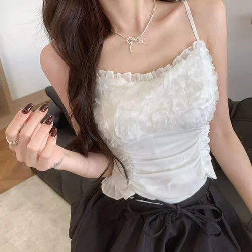 Load image into Gallery viewer, y2k Camisole Women Clothes 3D Flower Frill Trim Scoop Neck Spaghetti Strap Backless Padded Crop Tops 2000s Clothing

