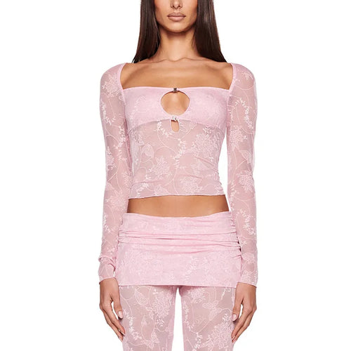 Load image into Gallery viewer, Sexy Lace Patchwork Hollow Women Set Long Sleeve Slim Fit Perspective Flare Pants Long Pants Set Fashion Street Clothing
