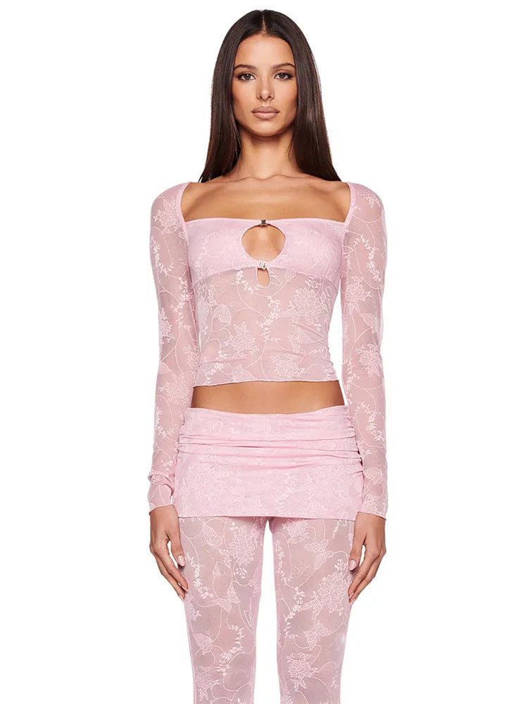 Sexy Lace Patchwork Hollow Women Set Long Sleeve Slim Fit Perspective Flare Pants Long Pants Set Fashion Street Clothing