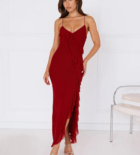 Spaghetti Strap Ruffle Sexy Maxi Dress Women Summer New Lace-up Sleeveless Backless Split Bodycon Long Dress Elegant