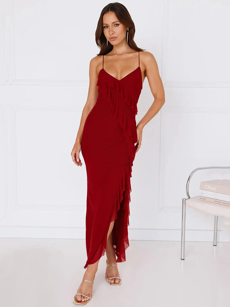 Spaghetti Strap Ruffle Sexy Maxi Dress Women Summer New Lace-up Sleeveless Backless Split Bodycon Long Dress Elegant