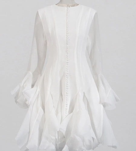 Solid Spliced Button Slimming Dresses For Women O Neck Long Sleeve High Waist Patchwork Ruffles Female Fashion New