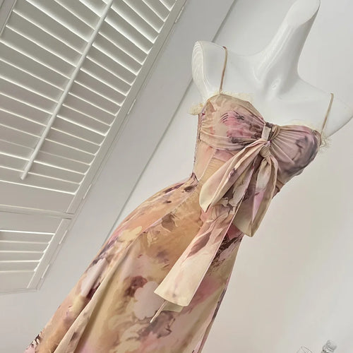 Load image into Gallery viewer, Summer Vintage Fashion Yellow Print Bow Party Long Dress For Women Elegant Slim Vacation Backless Dresses 2025 New Robe Bohemian
