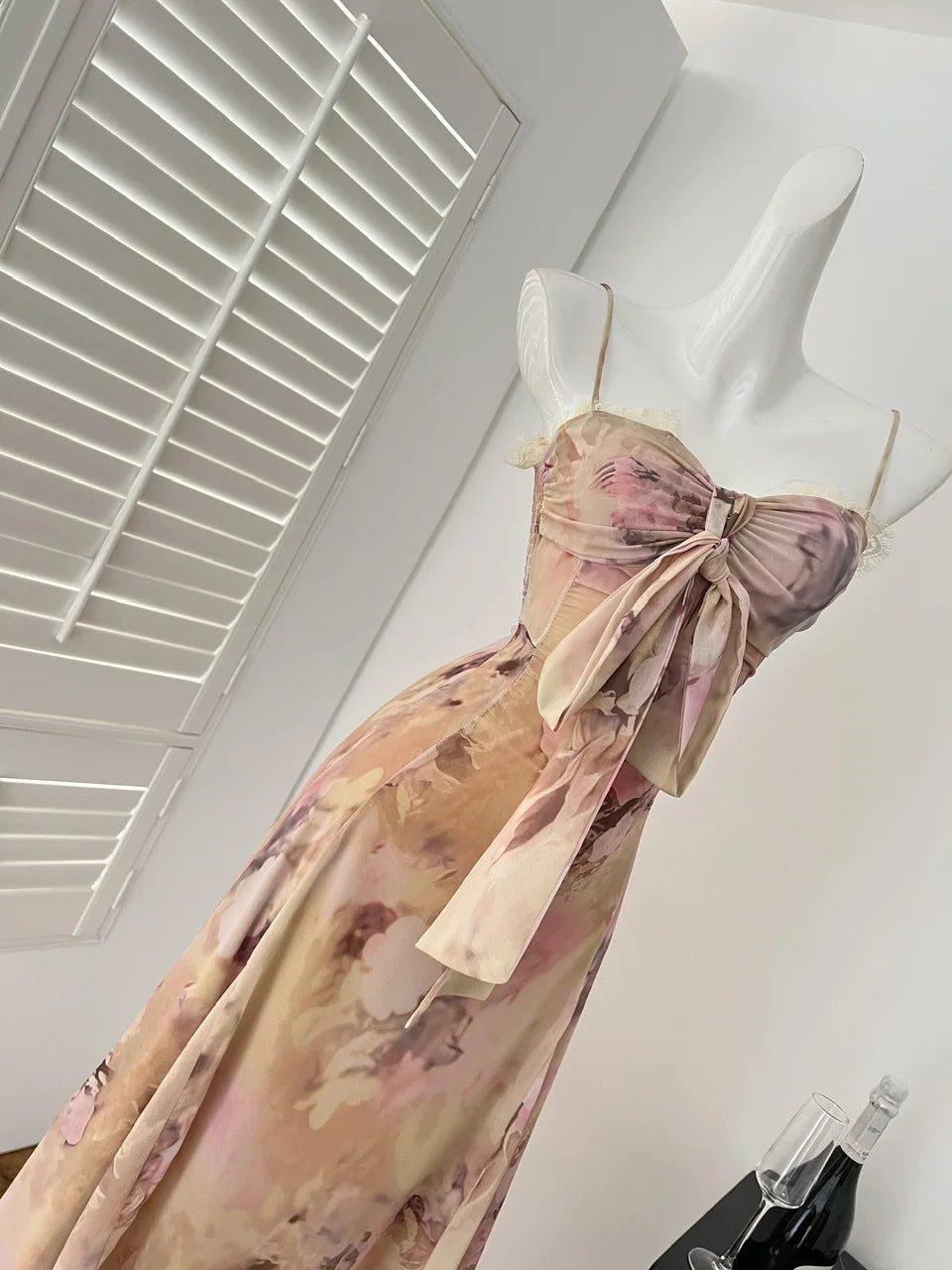 Summer Vintage Fashion Yellow Print Bow Party Long Dress For Women Elegant Slim Vacation Backless Dresses 2025 New Robe Bohemian