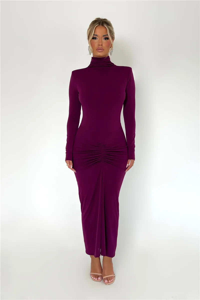 Elegant Turtleneck Long Sleeve Bodycon Maxi Dress Women Autumn Winter New Ruched Club Party Sexy Dress Vestidos
