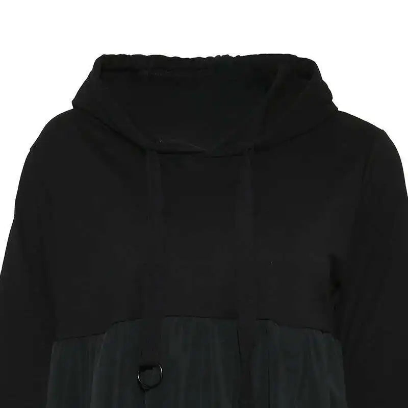 Women Black Drawstring Hollow Out Big Size Irregular Dress New Hooded Long Sleeve Fashion Tide Spring Autumn 2025 JD076