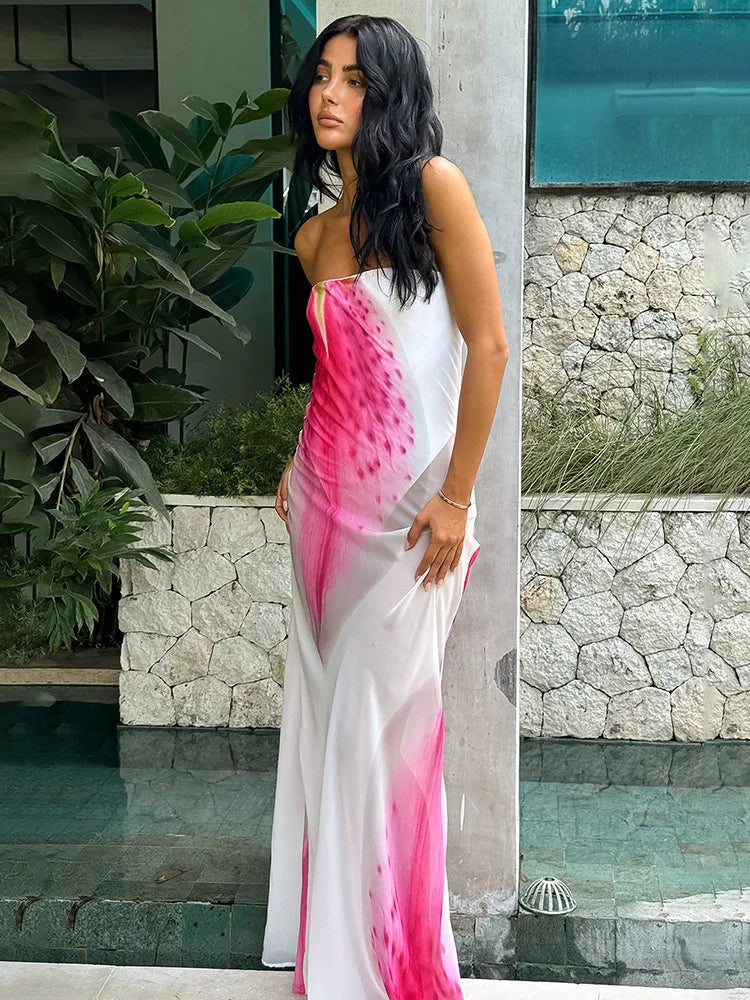 Floral Print Strapless Sexy Maxi Dress For Women Gown Patchwork Off-shoulder Backless Sleeveless Print Long Dress