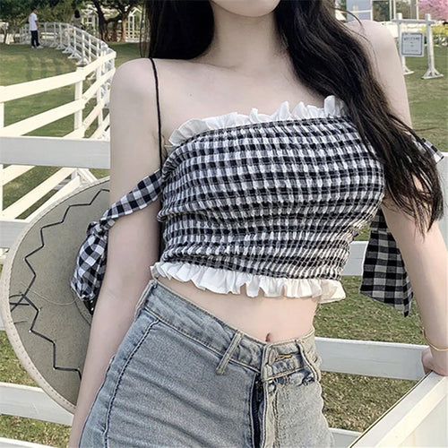 Load image into Gallery viewer, 2000s Girls Clothes Women Plaid Ruffle Sleeveless Backless Halter Neck Crop Top Fairycore Tee y2k Clothing Streetwear
