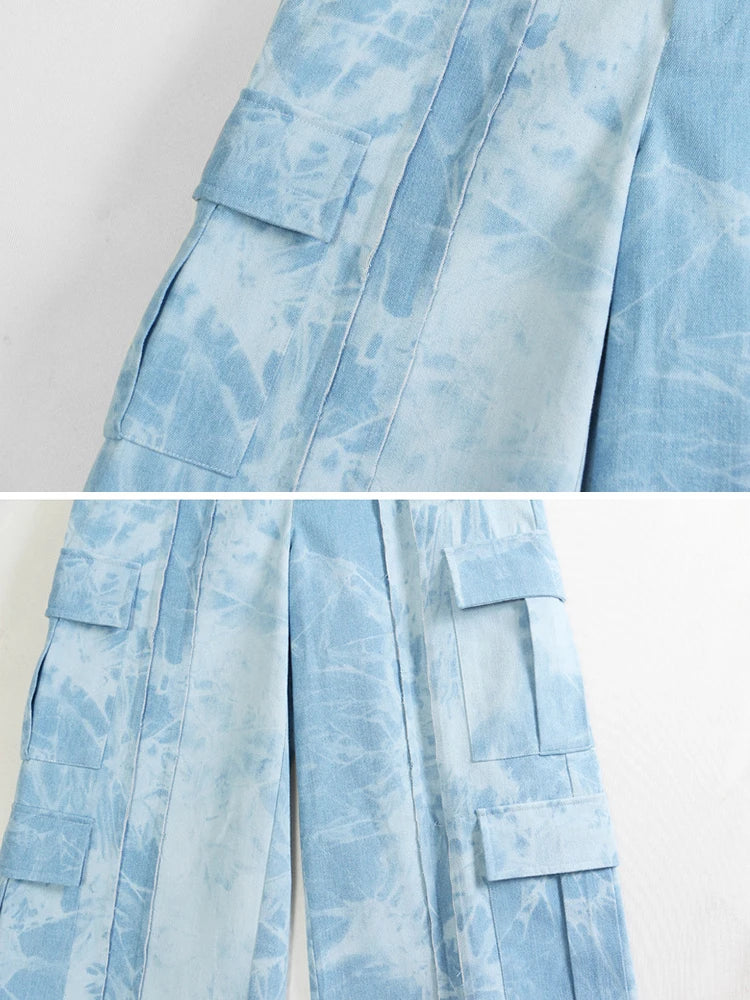 Patchwork Pockets Denim Pants For Women High Waist Loose Casual Hit Color Streetwear Wide Leg Jeans Female Fashion