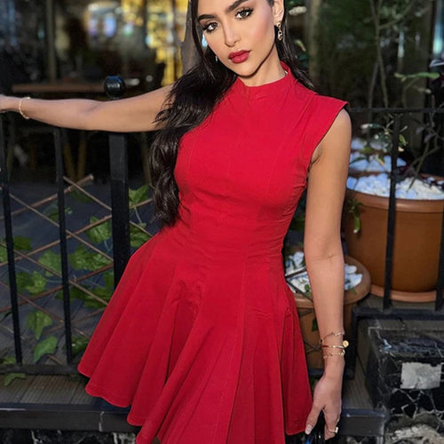 Load image into Gallery viewer, Half High Collar Sleeveless Sexy Mini Dress For Women Fashion Solid Red High Waist A-line Club Pleated Sexy Dress
