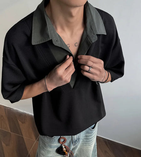 Men's Short Sleeve T-shirts New Summer Turn-down Collar Loose Patchwork Male Top Personality Pullover Menwear 9W1564