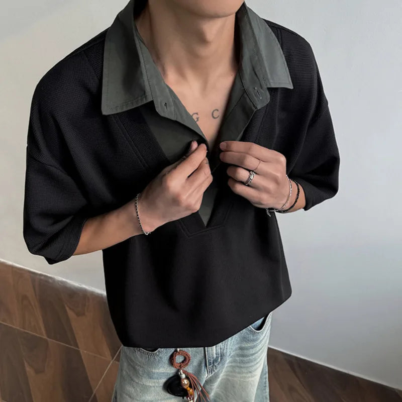 Men's Short Sleeve T-shirts New Summer Turn-down Collar Loose Patchwork Male Top Personality Pullover Menwear 9W1564