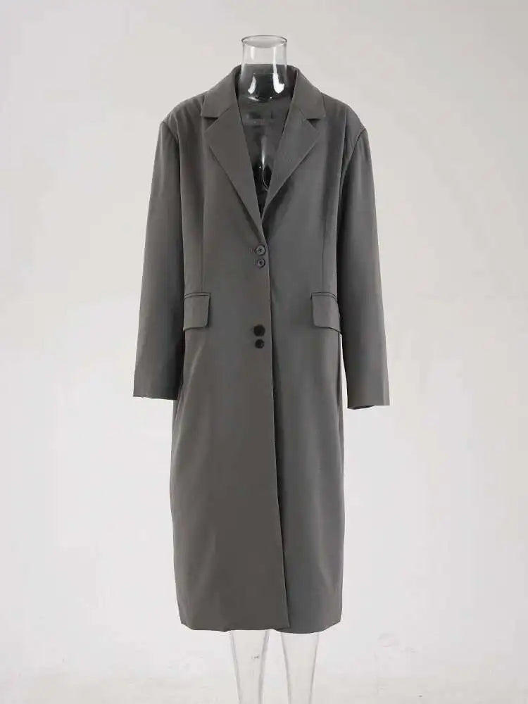 Women Gray Button Design Big Size Long Elegant Blazer New Lapel Long Sleeve Jacket Fashion Tide Spring Autumn 2025 CPDB250
