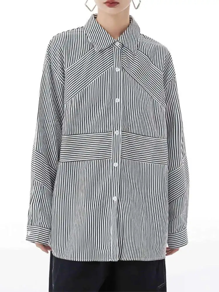 Women Blue Striped Big Size Casual Blouse New Lapel Long Sleeve Loose Fit Shirt Fashion Tide Spring Autumn 2025  1DH2926