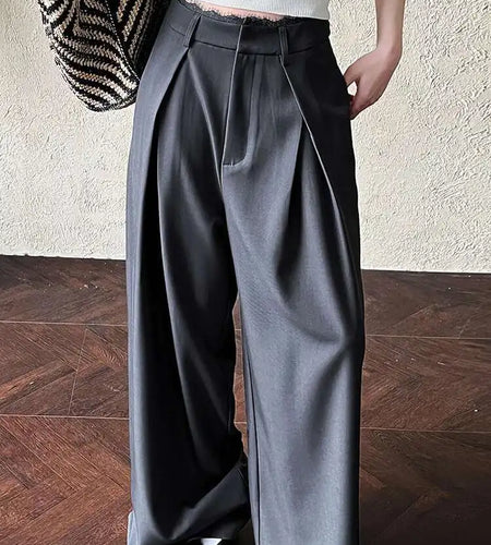 High Waist Black Lace Spliced Pleated Long Wide Leg Pants New Trousers Women Fashion Tide Spring Autumn 2025 1DJ0100