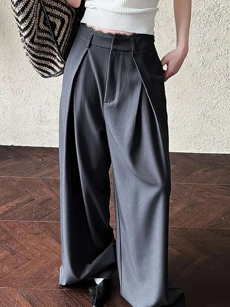 High Waist Black Lace Spliced Pleated Long Wide Leg Pants New Trousers Women Fashion Tide Spring Autumn 2025 1DJ0100