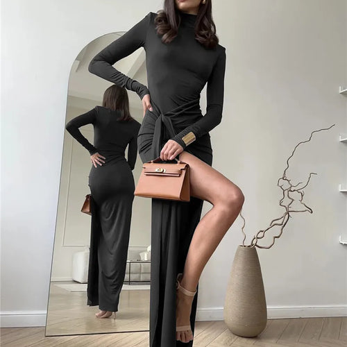 Load image into Gallery viewer, Turtleneck Thigh High Split Sexy Maxi Dress For Women Fashion Long Sleeve Draped Bandage Bodycon Club Long Dress
