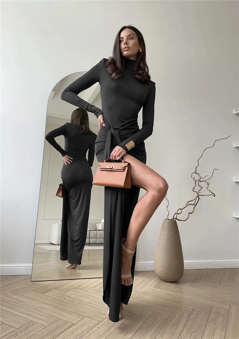 Turtleneck Thigh High Split Sexy Maxi Dress For Women Fashion Long Sleeve Draped Bandage Bodycon Club Long Dress