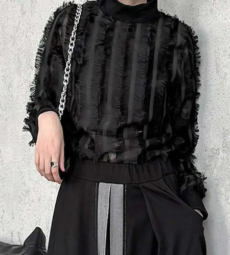 Women Black Tassels Perspective Elegant T-shirt New Turtleneck Long Sleeve Fashion Tide Spring Autumn 2025 1DH4415