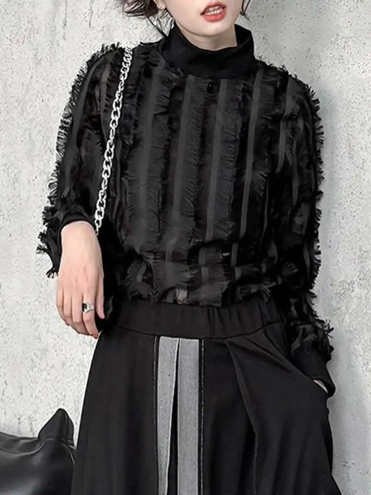 Women Black Tassels Perspective Elegant T-shirt New Turtleneck Long Sleeve Fashion Tide Spring Autumn 2025 1DH4415