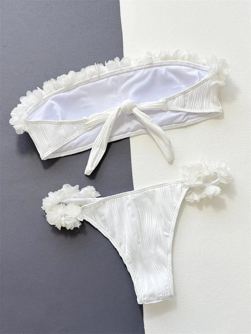 Sexy White Ruffled Bandeau Bikini Women Swimwear 2025 Push Up Bikini Set Brazilian Swimsuit Female Bathing Suit