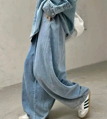 High Waist Light Blue Pocket Brief Long Denim Wide Leg Jeans New Women Trousers Fashion Tide Spring Autumn 2025 1DH8364