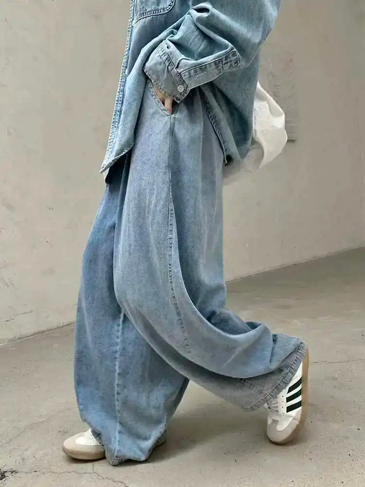 High Waist Light Blue Pocket Brief Long Denim Wide Leg Jeans New Women Trousers Fashion Tide Spring Autumn 2025 1DH8364
