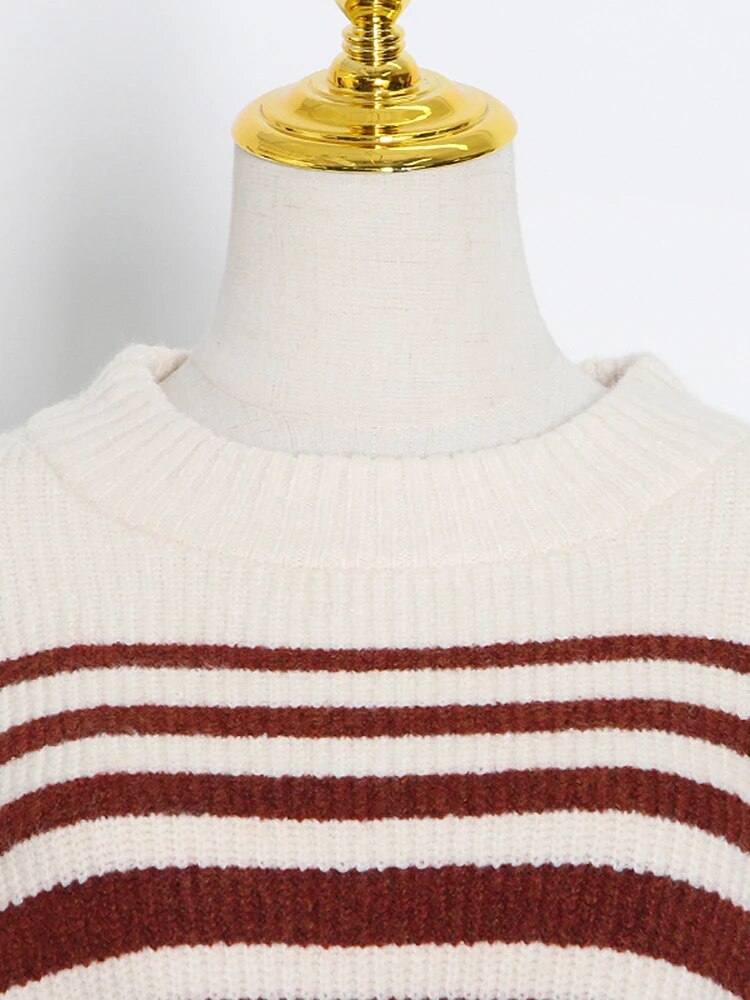 Striped Knitting Sweater For Women Round Neck Long Sleeve Colorblock Pullover Female Clothing Spring Style