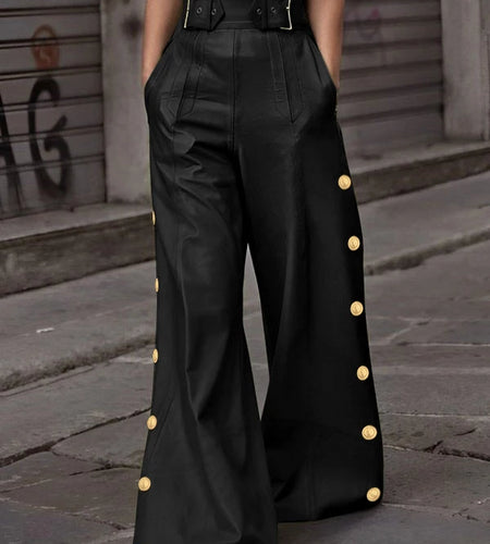 Fall Winter Women's Faux Pu Long Pants 2024  Loose Pleated Button Streetwear High Waisted Wide Leg Trousers for woman