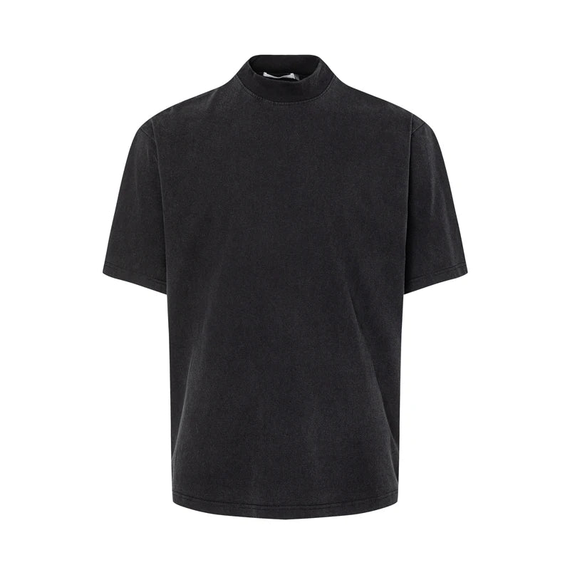 Turtleneck Men's Short Sleeve T-shirts New American Loose Clean Fit Design Solid Color Pullover Male Clothing 9W1456