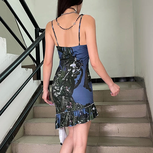 Load image into Gallery viewer, Asymmetrical Y2K Strap Bodycon Sexy Mini Dress Women Graphic Printing Ruched Ruffles Party Grunge Fairycore Sundress
